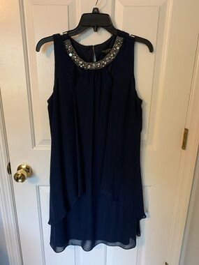 Navy Beaded Neckline Sleeveless Mini Dress